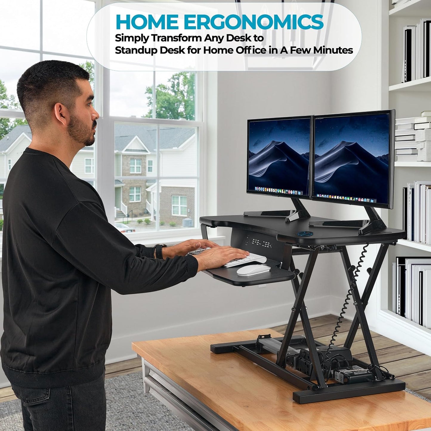 VERSADESK PowerPro™ Elektrischer Stehtisch-Konverter, höhenverstellbar, Sitz- und Stehpult-Erhöhung, Laptop- und Dual-Monitor-Desktop-Arbeitsplatz mit breiter Tastaturablage und USB-Anschluss, Schwarz